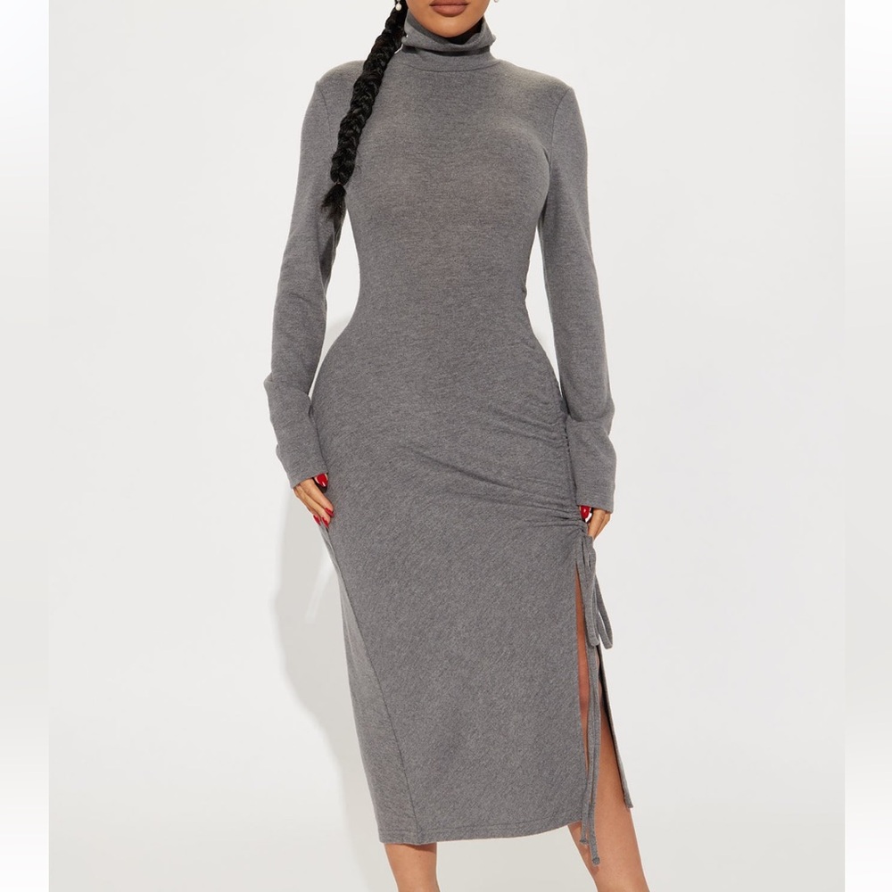 Fashion Nova Gray Ruched Long Sleeve Sheath Dress
